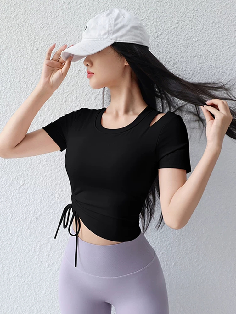 Quần áo tập yoga có đệm ngực 2026 phong cách mới chống sốc dây rút Pilates tay ngắn dáng ôm chạy bộ thể thao áo thun mùa hè