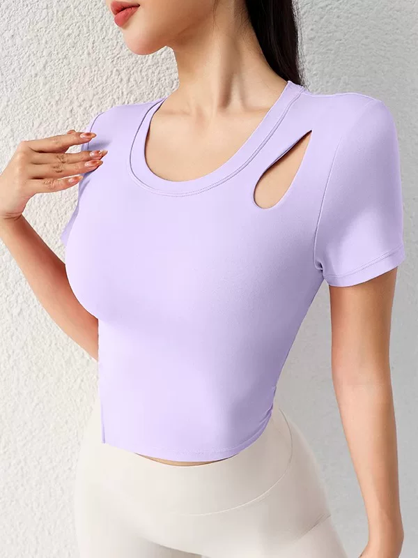 Áo tập yoga ngắn tay, quần áo tập thể dục mùa hè gợi cảm bó sát, nhanh khô, có đệm ngực, áo thun thể thao chạy bộ
