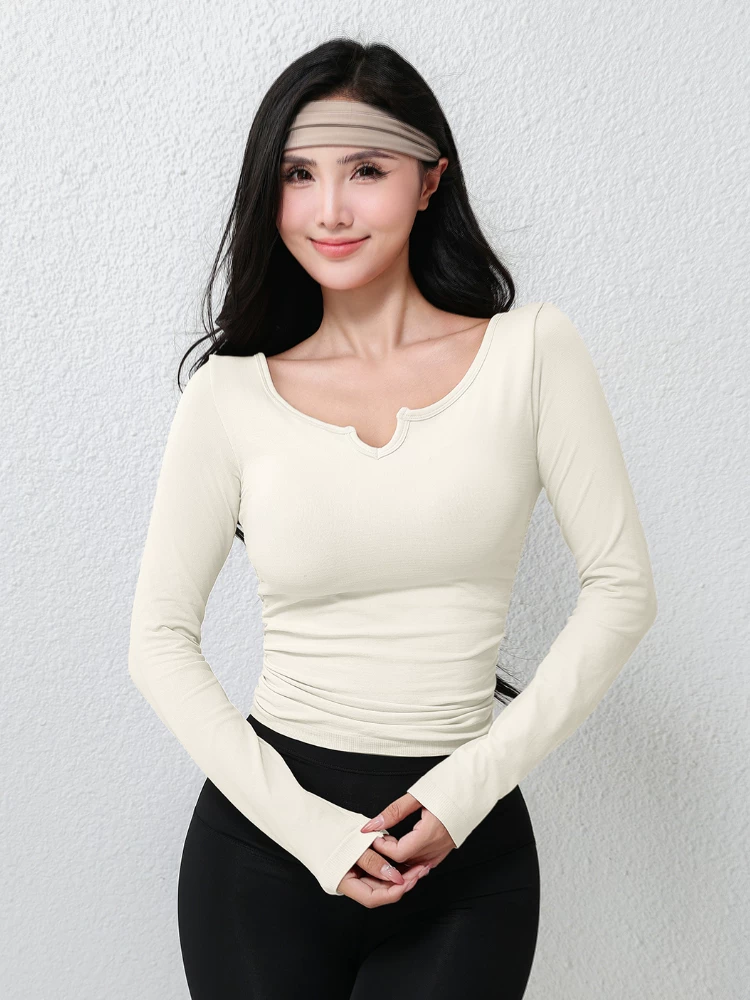 Áo tập thể dục dài tay cổ chữ V mùa thu đông có đệm ngực, xếp ly ôm sát, thon gọn vòng eo, trang phục chạy bộ thể thao, trang phục tập yoga