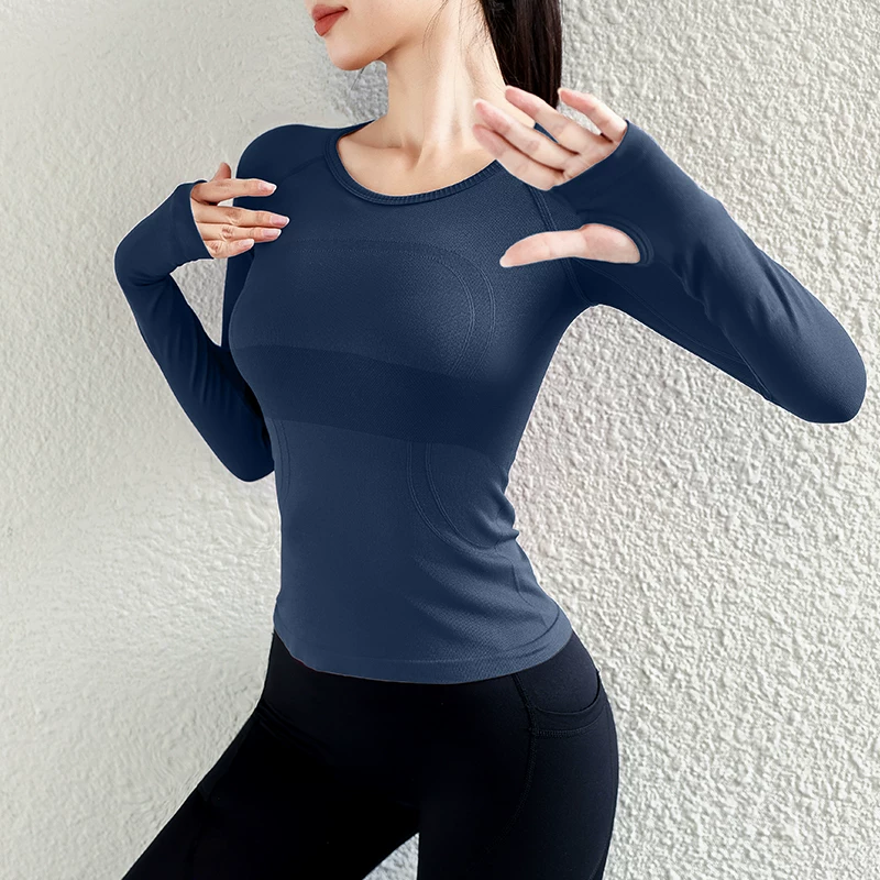 Quần áo tập yoga cho nữ, áo thể thao dài tay, liền thân, không đường may, ôm sát, giúp thon gọn, chạy bộ, co giãn cao, nhanh khô.