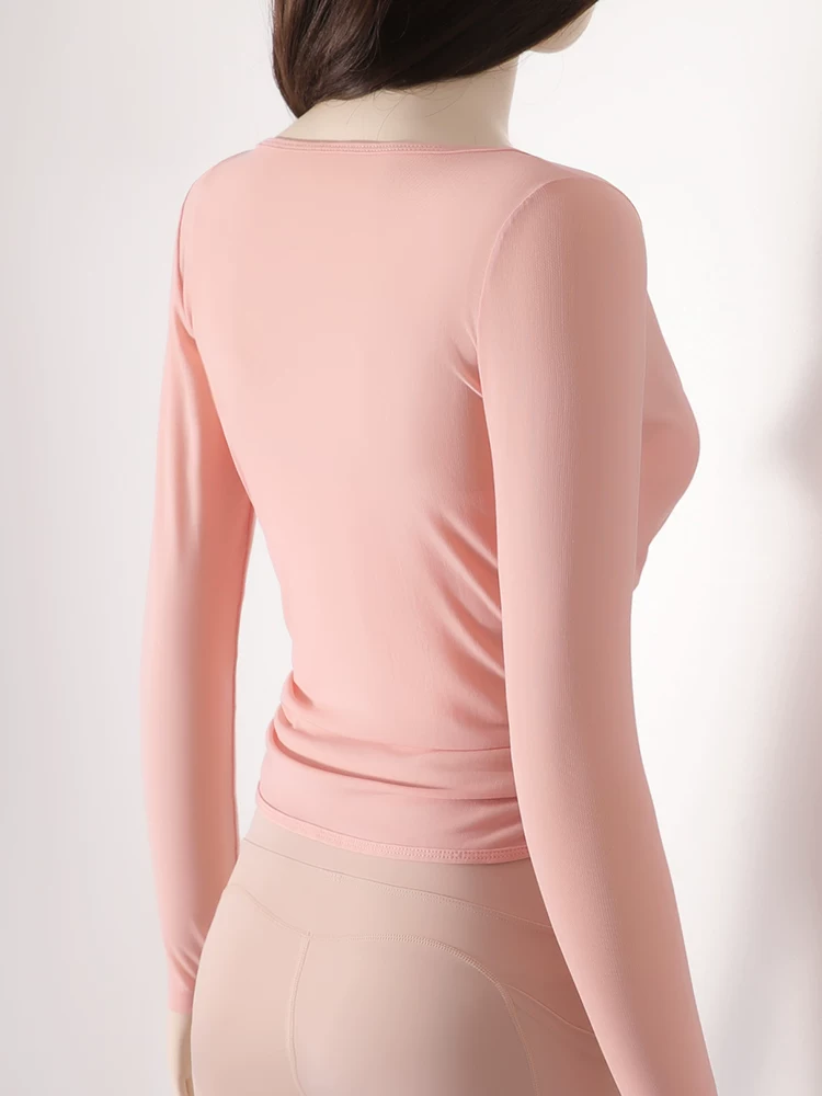 Áo thun tập yoga dài tay xếp ly chéo dành cho nữ, áo tập thể thao ôm sát tạo cảm giác thoải mái như không mặc, áo khoác ngoài tập yoga nhanh khô cho mùa thu