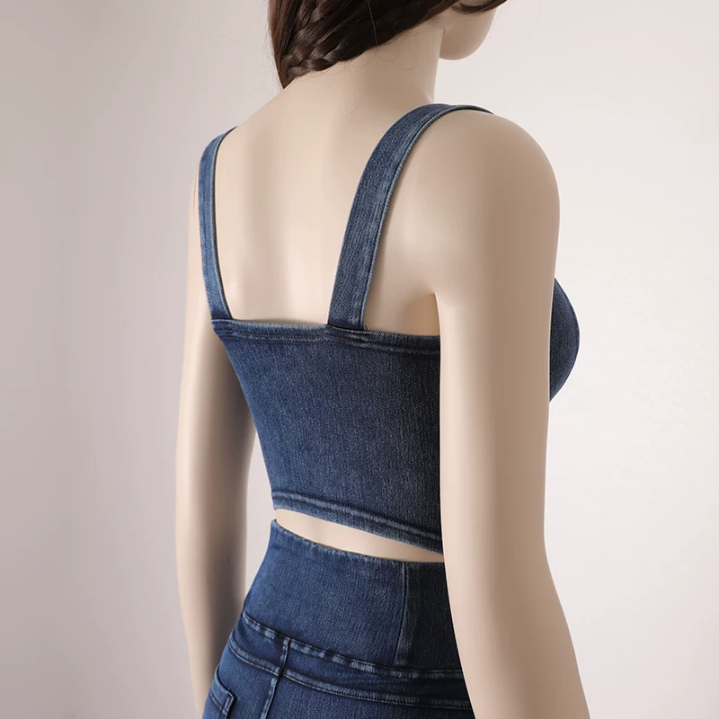 Áo vest thể thao có khóa kim loại đàn hồi cao hình chữ U chống sốc, có miếng đệm ngực, áo vest tập yoga giả denim dành cho nữ.