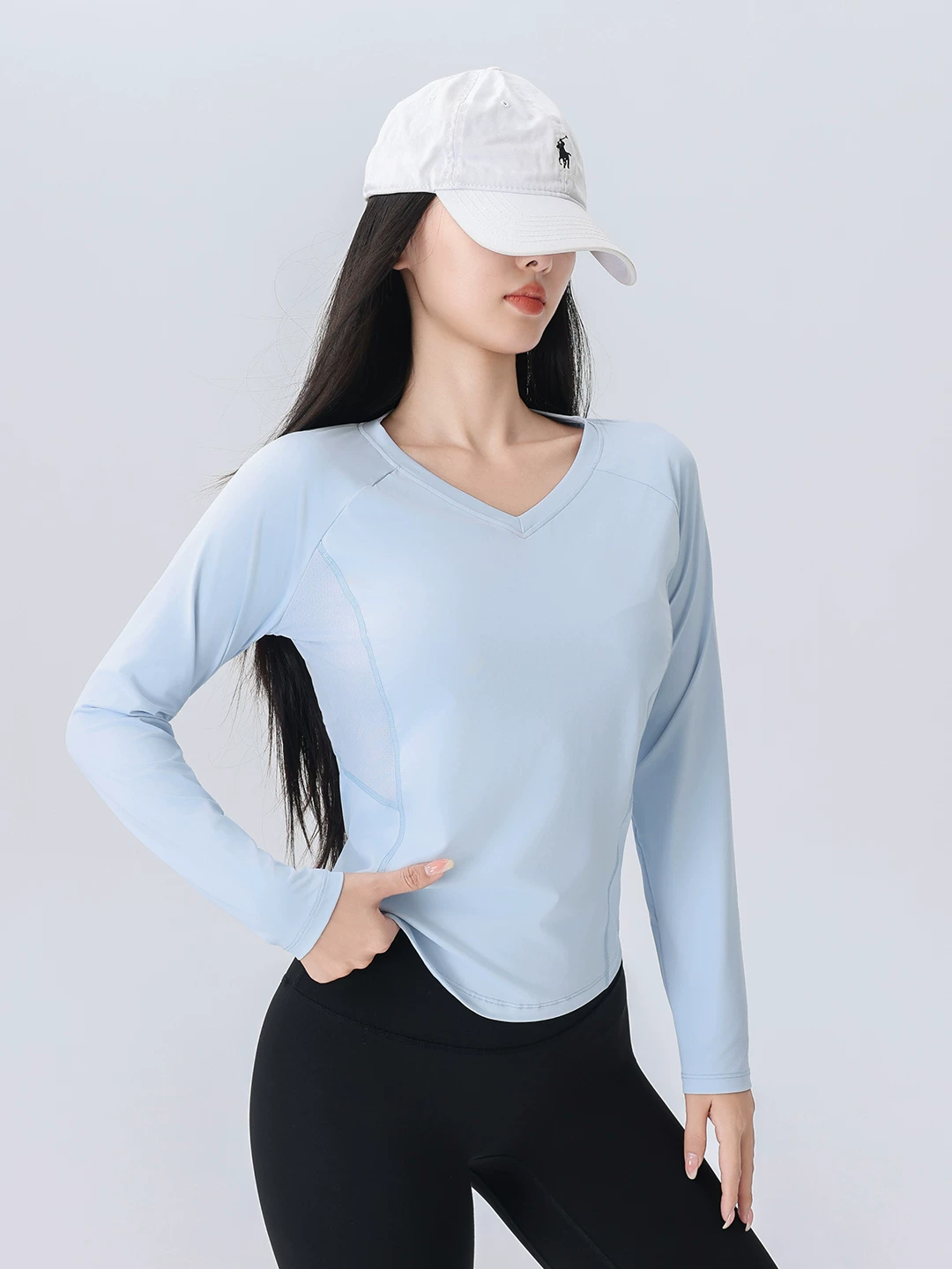 Áo thun thể thao nữ tay dài phối lưới cổ chữ V, chất liệu nhanh khô, mẫu mới thu 2026, dùng cho tập luyện chạy bộ