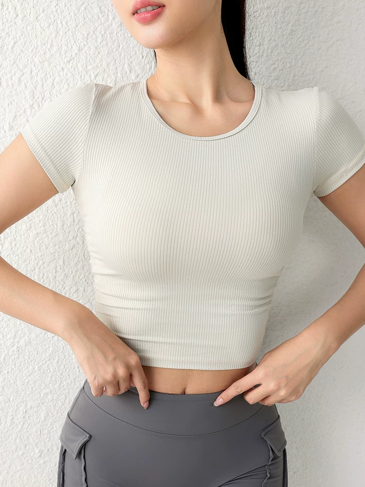 Áo tập yoga nữ, áo thun thể thao ngắn tay, nhanh khô, chất liệu gân ngắn, cảm giác mềm mại như không mặc, xếp ly, dành cho mùa hè