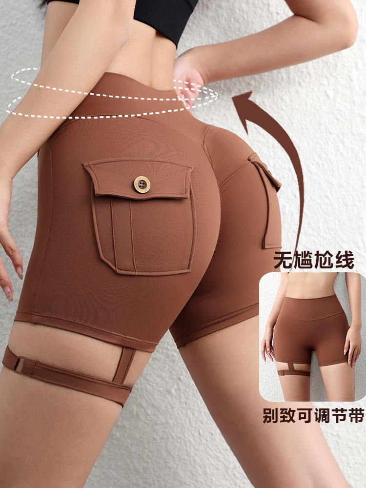 Jiumai Yipin Quần short tập thể dục nâng hông phong cách Âu Mỹ dành cho nữ, quần thể thao ôm sát chân, quần tập yoga mông đào.