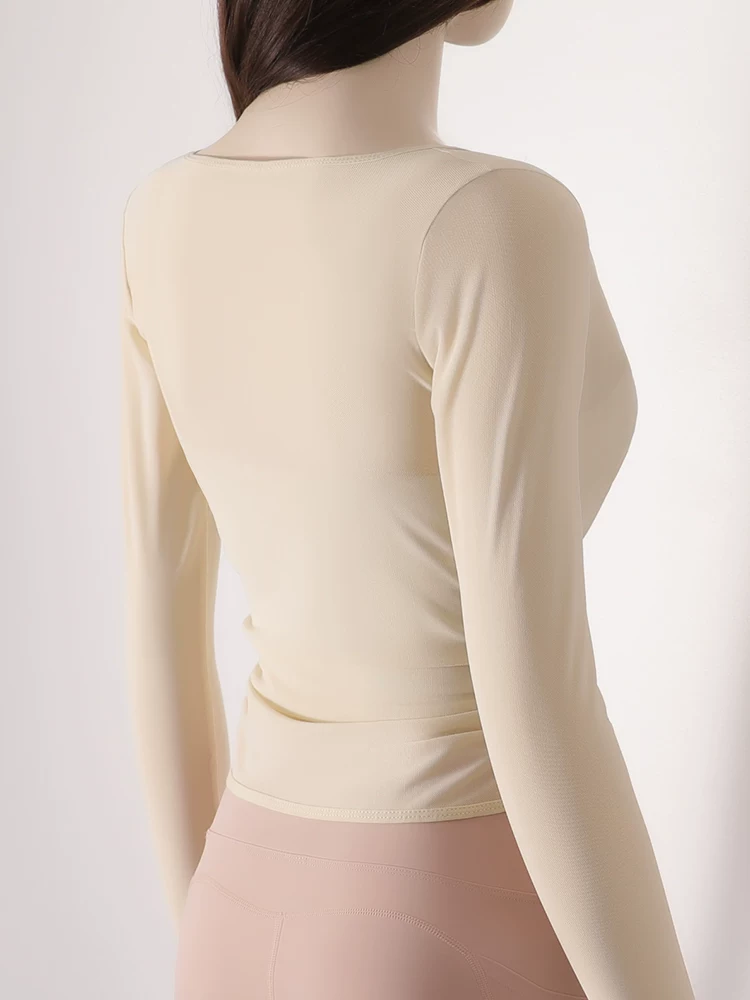 Áo thun tập yoga dài tay xếp ly chéo dành cho nữ, áo tập thể thao ôm sát tạo cảm giác thoải mái như không mặc, áo khoác ngoài tập yoga nhanh khô cho mùa thu