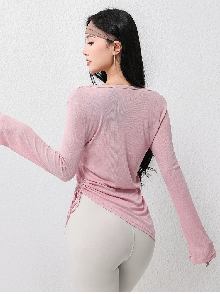 Áo khoác thể thao Jiumai Yipin Pilates dành cho nữ, áo tập thể dục mỏng, áo tập yoga cổ chữ V nhanh khô, áo khoác dài tay tập yoga.