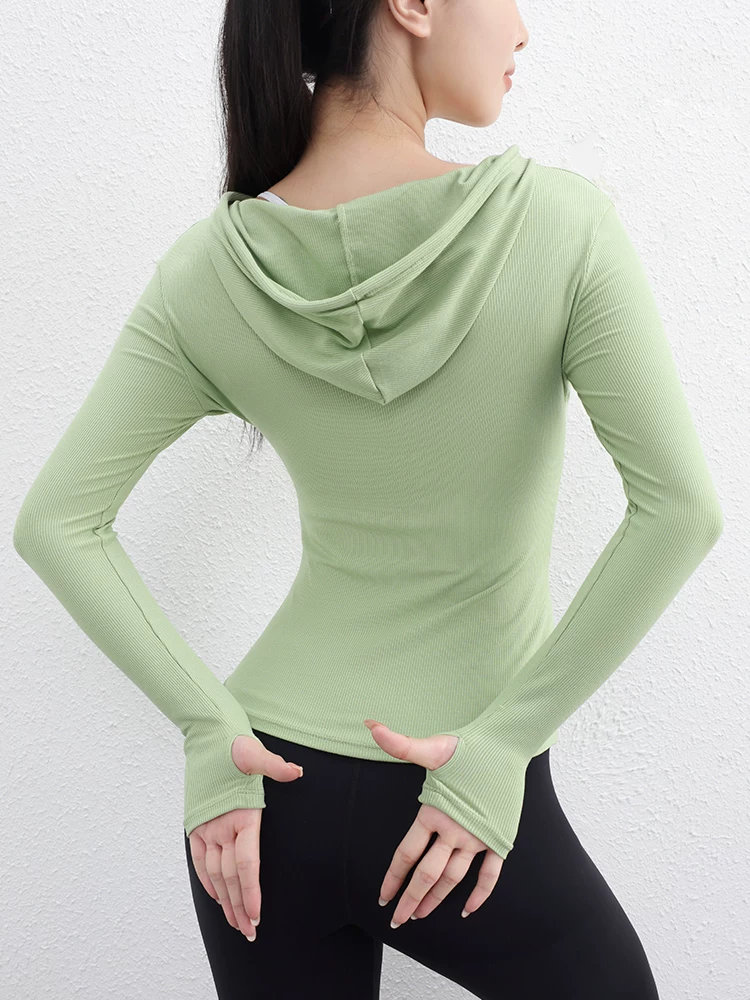 Áo dài tay có mũ trùm đầu mùa xuân, quần áo tập thể dục chạy bộ, áo khoác thể thao nữ, quần áo tập yoga co giãn, quần áo chống nắng mát mẻ