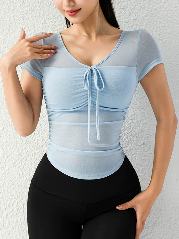 Áo tập yoga lưới mới dành cho nữ, kiểu dáng mới mùa hè, đồ thể thao Pilates đẹp, quần áo tập thể dục, tay áo ngắn có đệm ngực