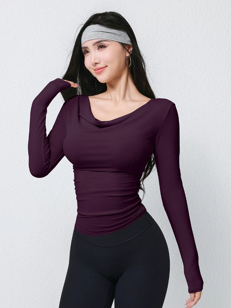 Áo thun thể thao dài tay mùa thu dành cho nữ, cổ áo xếp nếp, áo tập yoga ôm dáng thời trang, áo tập thể dục ôm sát dài ngang vai.