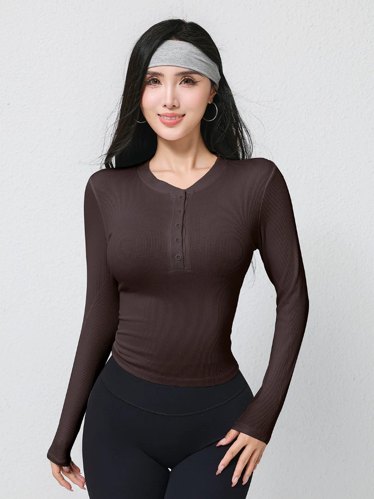 Trang phục tập yoga mới mùa thu dành cho nữ, áo thun dài tay, cổ Henry cổ điển, dáng ôm, trang phục tập thể dục chạy bộ