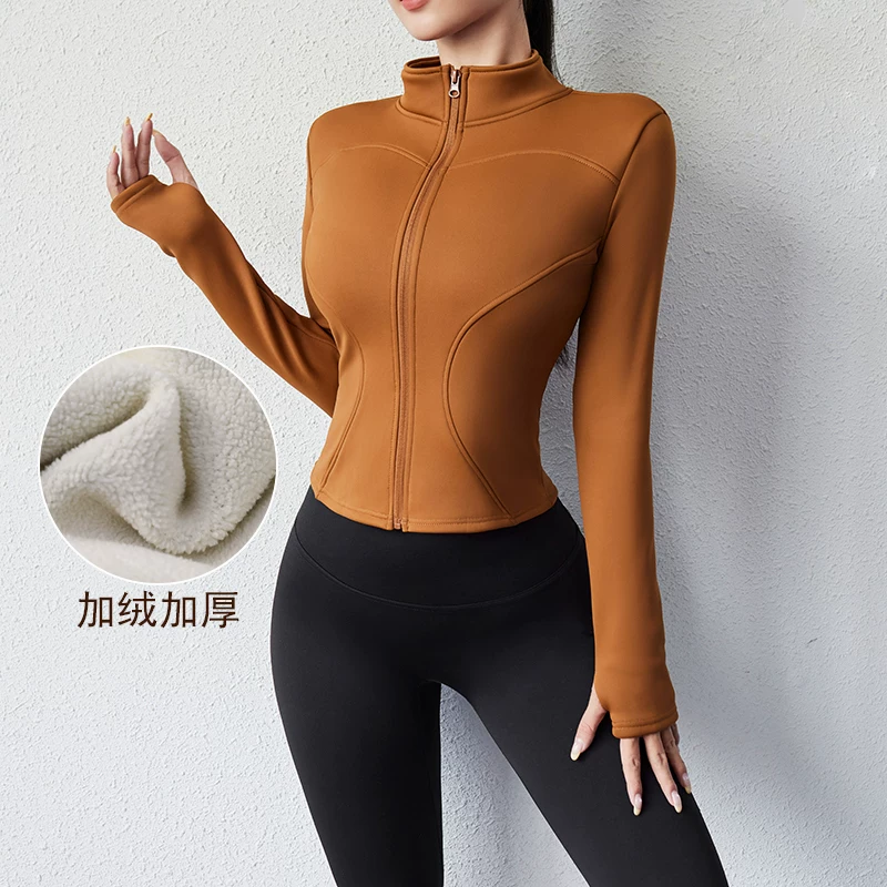 Quần áo thể thao chuyên nghiệp dành cho nữ, áo khoác thể thao chạy bộ ngắn, lót lông cừu, dày dặn, áo cardigan có khóa kéo, áo cổ đứng, áo dài tay tập yoga.