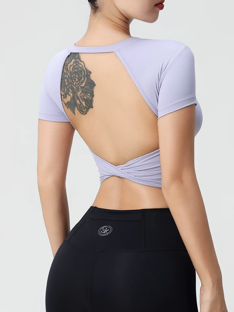 Áo tập yoga ngắn tay gợi cảm hở lưng dành cho nữ mùa hè, áo thể thao tập chạy bộ, áo thể thao chống sốc, quần áo tập yoga