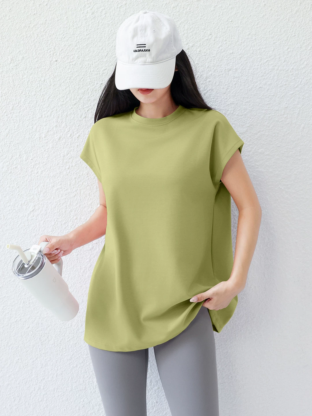 Áo thun thể thao không tay 100% cotton nguyên chất, chất liệu amoniac lỏng, kiểu dáng vest nữ, cổ tròn nhỏ, tay ngắn, mặc tập gym, chạy bộ, yoga, mặc mùa hè, dáng rộng rãi.