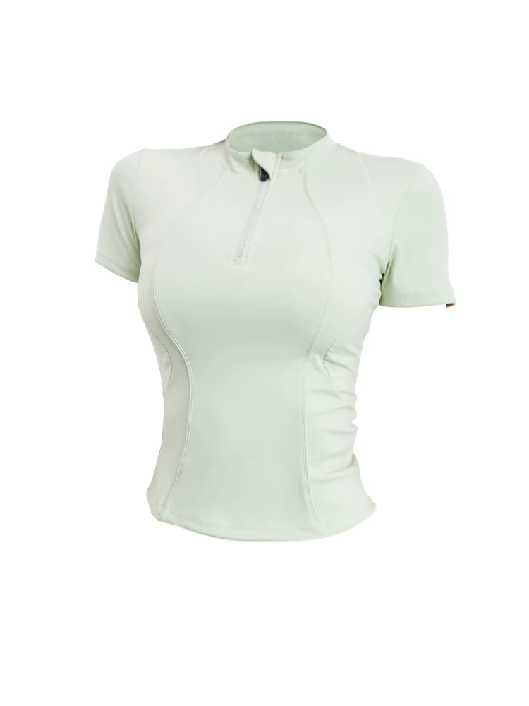 Áo tập yoga cao cấp Jiumai Yipin dành cho nữ, áo thun thể thao nửa khóa kéo mùa hè, quần áo chạy bộ và tập thể dục chuyên nghiệp tay ngắn.