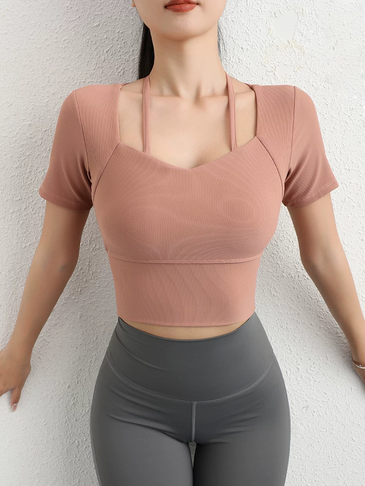 Áo tập yoga có đệm ngực, áo vest thể thao mùa hè, bó sát, hở rốn, áo thun tập chạy bộ buổi sáng, áo tập gym ngắn tay dành cho nữ