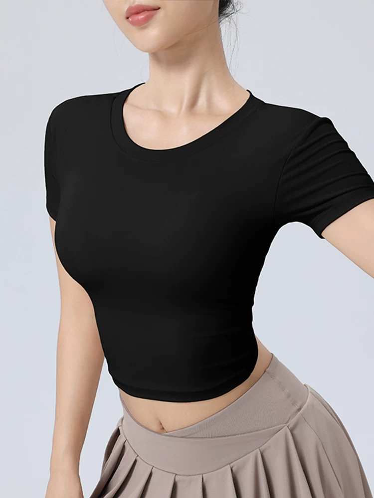 Áo tập thể dục không lưng dành cho nữ có đệm ngực cố định, áo tập Pilates tôn dáng lưng, áo thun thể thao khiêu vũ tay ngắn, trang phục tập yoga.