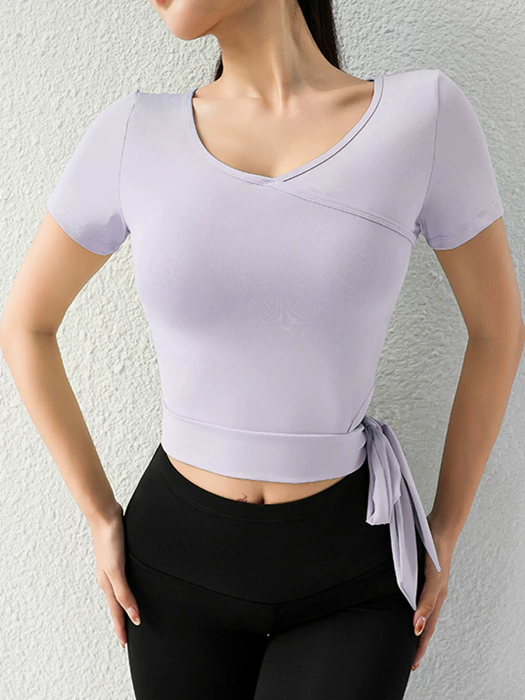 Quần áo tập yoga cho nữ, áo tập Pilates cổ chữ V, đồ thể thao chạy bộ chuyên nghiệp nhanh khô, đồ tập thể dục tay ngắn, áo phông buộc dây.