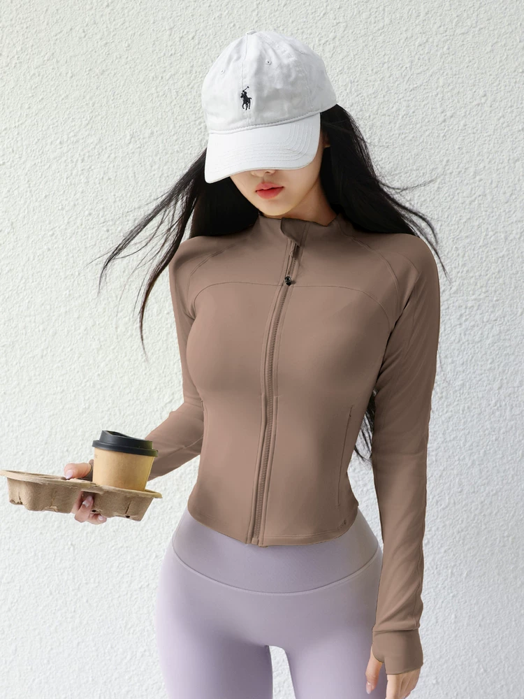 Áo khoác yoga cổ đứng ngắn cho nữ, áo thể thao ôm sát có gân, trang phục tập luyện Pilates, tay áo dài.