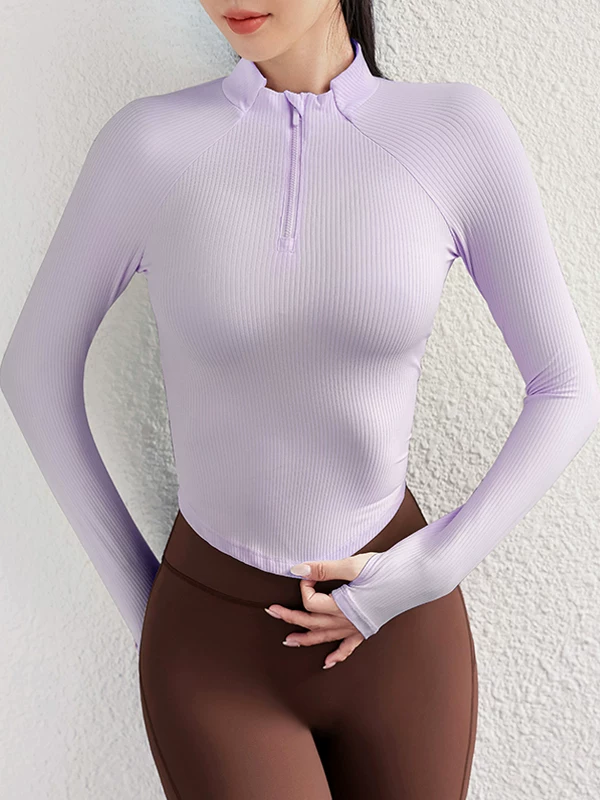 Quần áo tập yoga cho nữ, áo thể thao cổ đứng mùa thu đông, áo khoác dài tay ôm sát nửa khóa kéo, quần áo tập thể dục chạy bộ