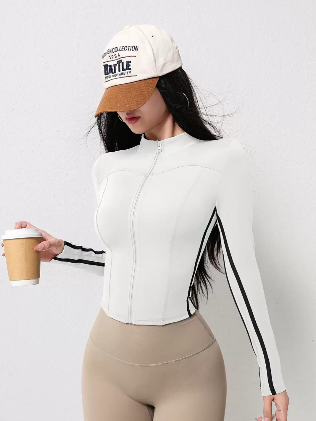 Áo khoác thể thao sọc kiểu Mỹ Jiumai Yipin dành cho nữ, kiểu dáng ôm sát, trang phục tập thể dục giúp thon gọn, trang phục tập yoga dài tay nhanh khô giúp thon gọn.