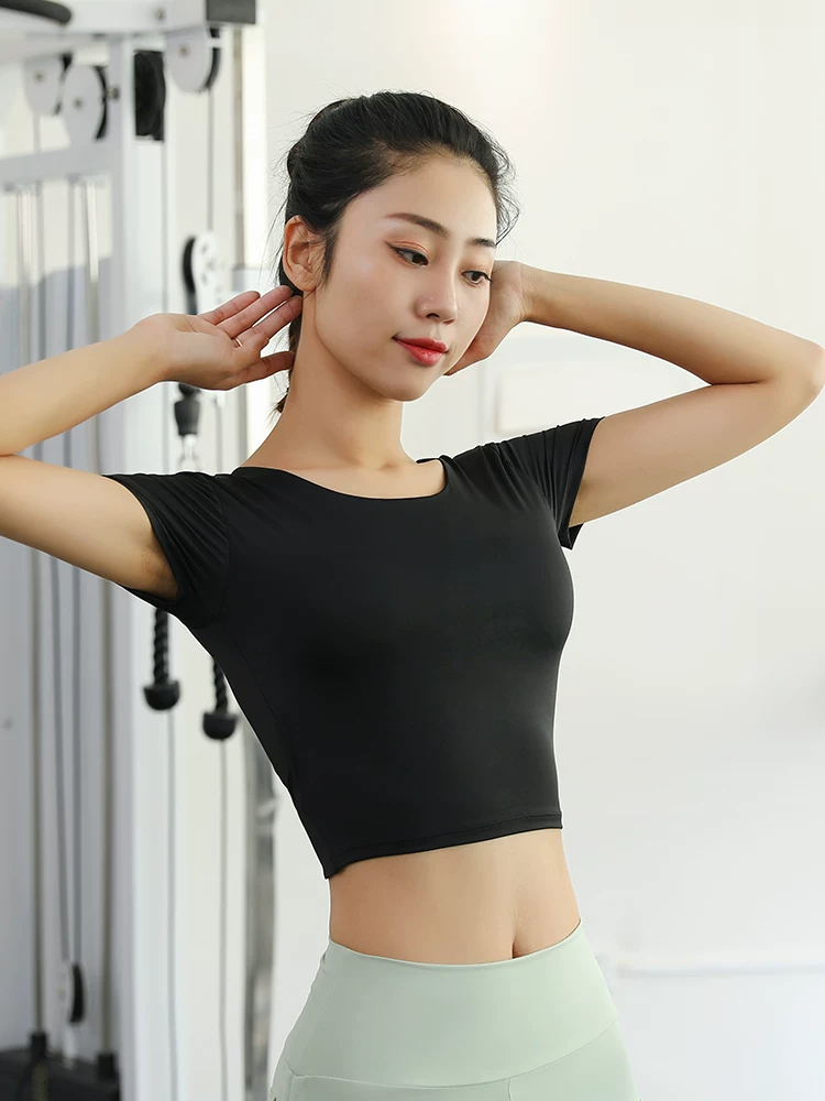 Quần áo tập yoga có đệm ngực, áo thể thao ôm sát, áo thun ngắn tay cao cấp, đồ tập thể dục Pilates cho nữ