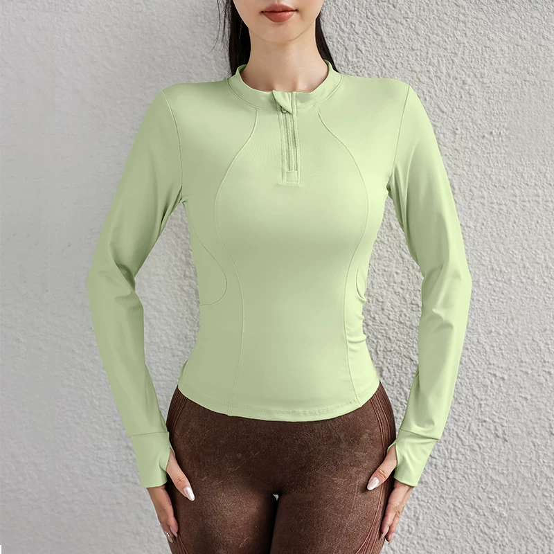 Quần áo tập luyện chạy bộ mùa thu đông, đồ tập yoga, áo khoác ngoài, áo nửa khóa kéo, ôm sát, nhanh khô, co giãn, áo thể thao dài tay.