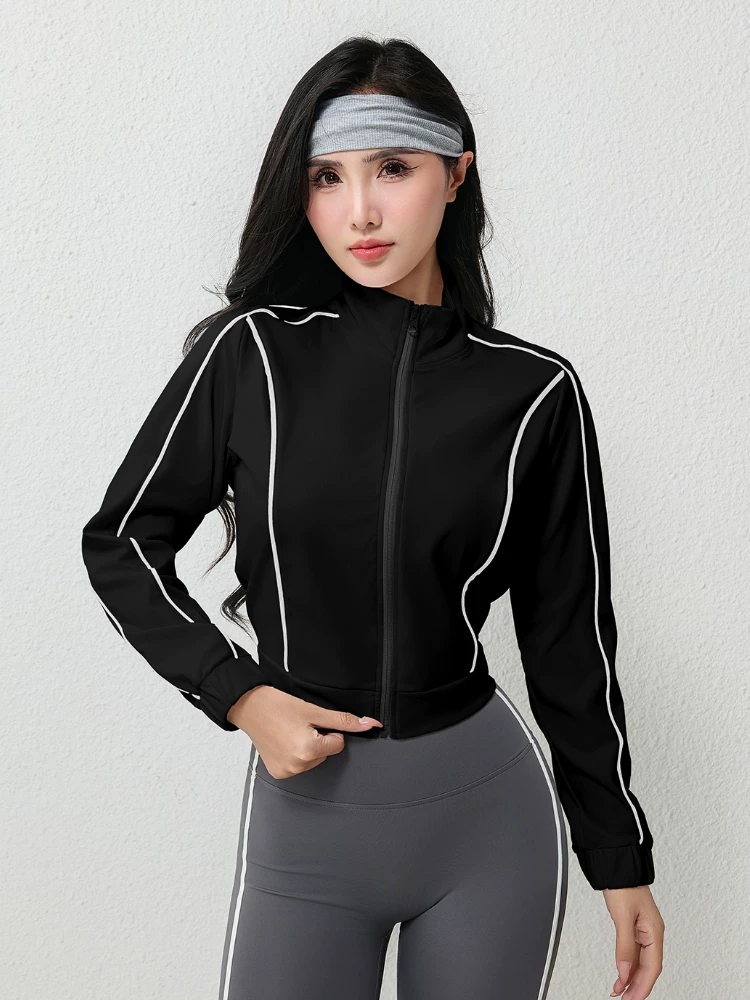 Áo khoác cardigan yoga dáng rộng phong cách mới, phối màu, thoáng khí, thể thao, mùa thu đông dành cho nữ.