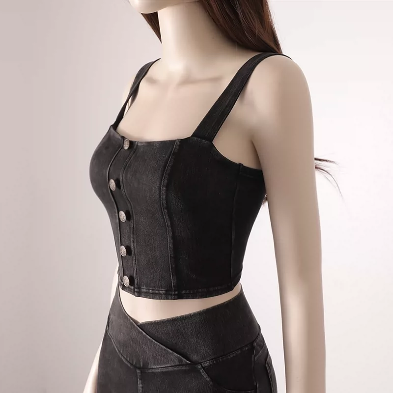 Áo vest thể thao có khóa kim loại đàn hồi cao hình chữ U chống sốc, có miếng đệm ngực, áo vest tập yoga giả denim dành cho nữ.