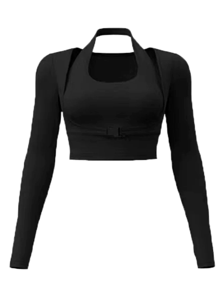 Áo tập yoga Jiumai Yipin dành cho nữ có miếng đệm ngực, thiết kế hai trong một mùa xuân thu, áo thể thao dài tay nhanh khô khi chạy bộ và tập thể dục.