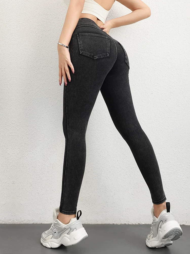 Quần tập thể dục giả denim Jiumai Yipin dành cho nữ, cạp cao, nâng mông, kiểm soát bụng, chạy bộ, ôm sát, co giãn cao, quần yoga mặc ngoài dành cho nữ.