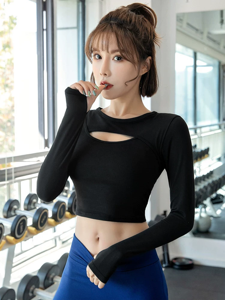 Áo thể thao crop top gợi cảm Jiumai Yipin dành cho nữ, áo thun dài tay bó sát nhanh khô để chạy bộ, tập luyện và yoga.