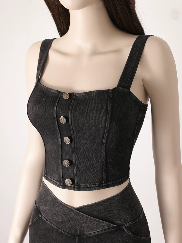 Áo yếm giả denim có cúc, có đệm ngực, áo lót gợi cảm dành cho trang phục tập yoga mùa hè.