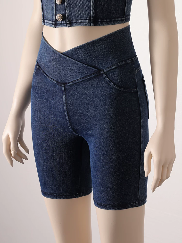 Quần short denim cạp cao cho nữ, kiểu dáng mỏng mùa hè, mẫu mới 2026, ôm dáng, co giãn, tôn dáng, có túi, quần short đạp xe năm điểm.