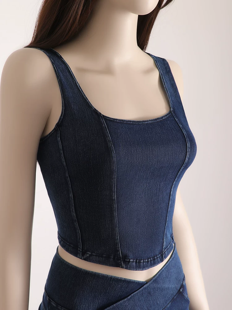 Áo vest thể thao yoga denim kiểu mới dành cho nữ, thiết kế lưng chữ U co giãn, tôn dáng và đẹp mắt, áo tập luyện không tay mặc ngoài.