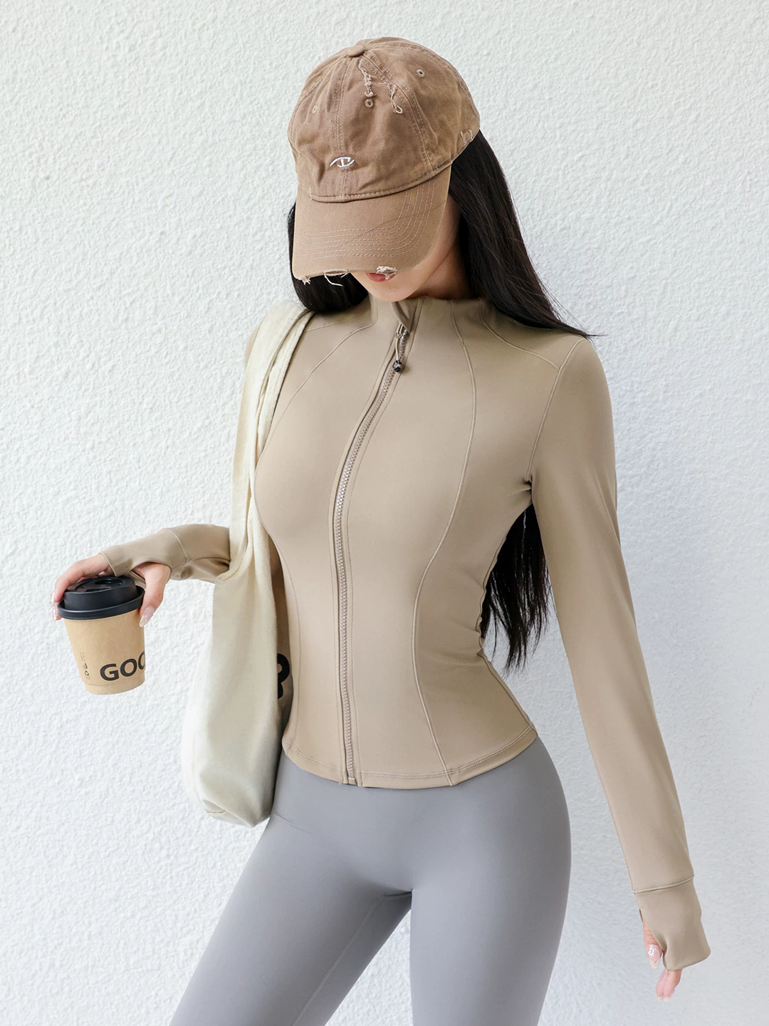 Quần áo tập yoga cho nữ, áo thể thao mùa hè mới, dáng ôm, cổ đứng có khóa kéo, áo khoác thể thao chạy bộ chuyên nghiệp dài tay