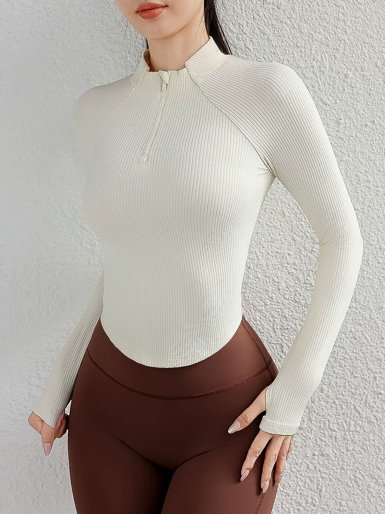 Quần áo tập yoga cho nữ, áo thể thao cổ đứng mùa thu đông, áo khoác dài tay ôm sát nửa khóa kéo, quần áo tập thể dục chạy bộ