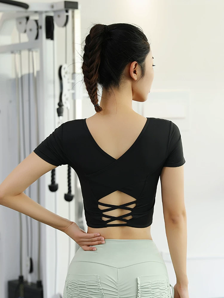 Quần áo tập yoga có đệm ngực, áo thể thao ôm sát, áo thun ngắn tay cao cấp, đồ tập thể dục Pilates cho nữ