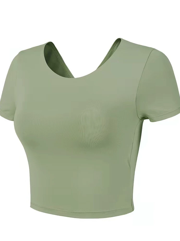Quần áo tập yoga có đệm ngực, áo thể thao ôm sát, áo thun ngắn tay cao cấp, đồ tập thể dục Pilates cho nữ