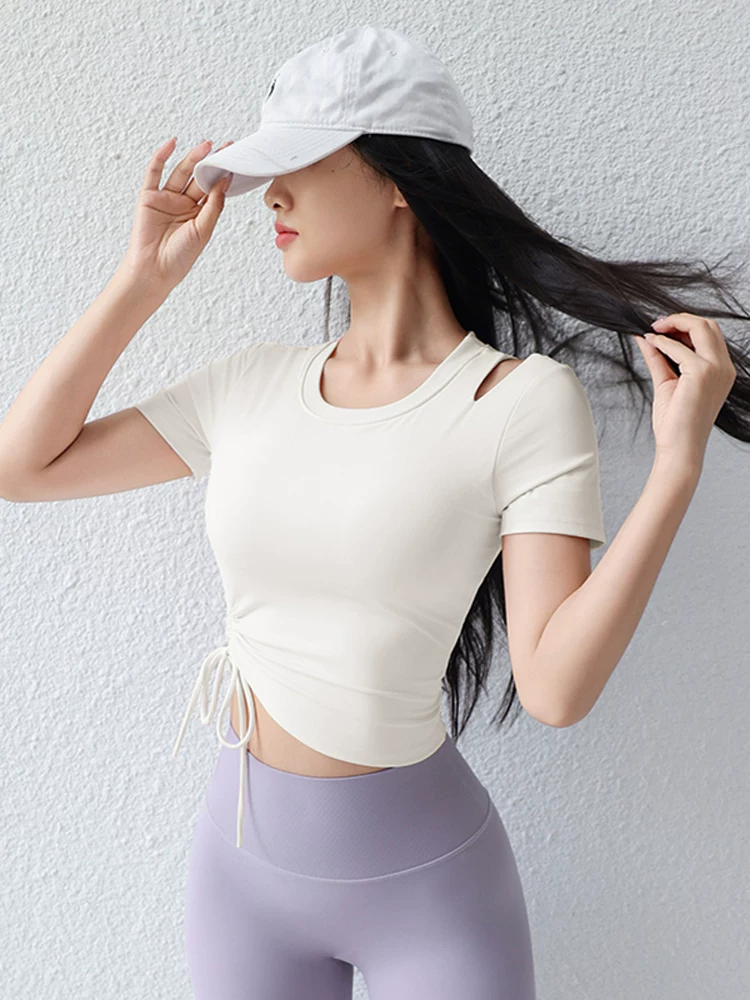 Quần áo tập yoga có đệm ngực 2026 phong cách mới chống sốc dây rút Pilates tay ngắn dáng ôm chạy bộ thể thao áo thun mùa hè