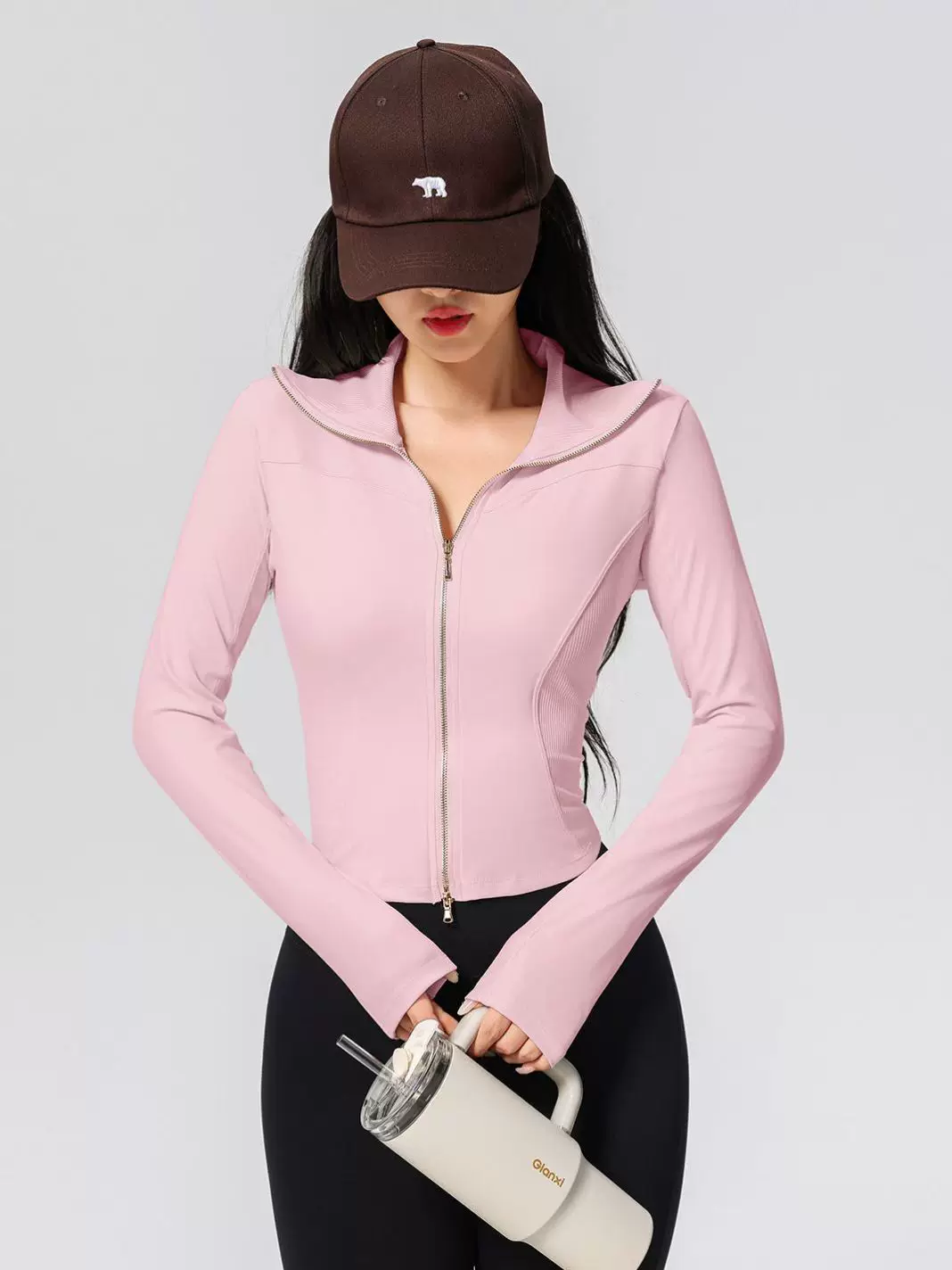 Quần áo tập yoga cho nữ, kiểu dáng mới, cao cấp, khóa kéo đôi, cổ cao, áo thể thao chạy bộ ôm sát, áo khoác tập thể dục Pilates