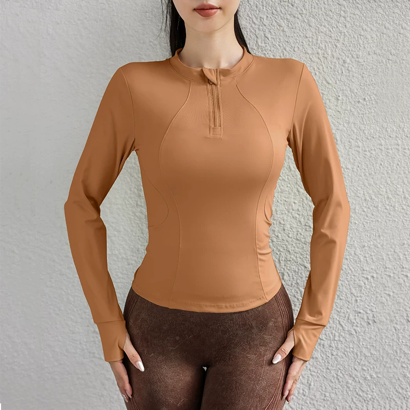 Quần áo tập luyện chạy bộ mùa thu đông, đồ tập yoga, áo khoác ngoài, áo nửa khóa kéo, ôm sát, nhanh khô, co giãn, áo thể thao dài tay.