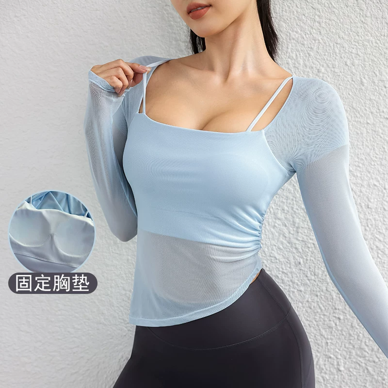 Quần áo tập yoga cho nữ mùa thu đông, áo thể thao giả hai mảnh bằng lưới có đệm ngực, áo khoác ngoài dài tay, quần áo tập chạy bộ và thể dục