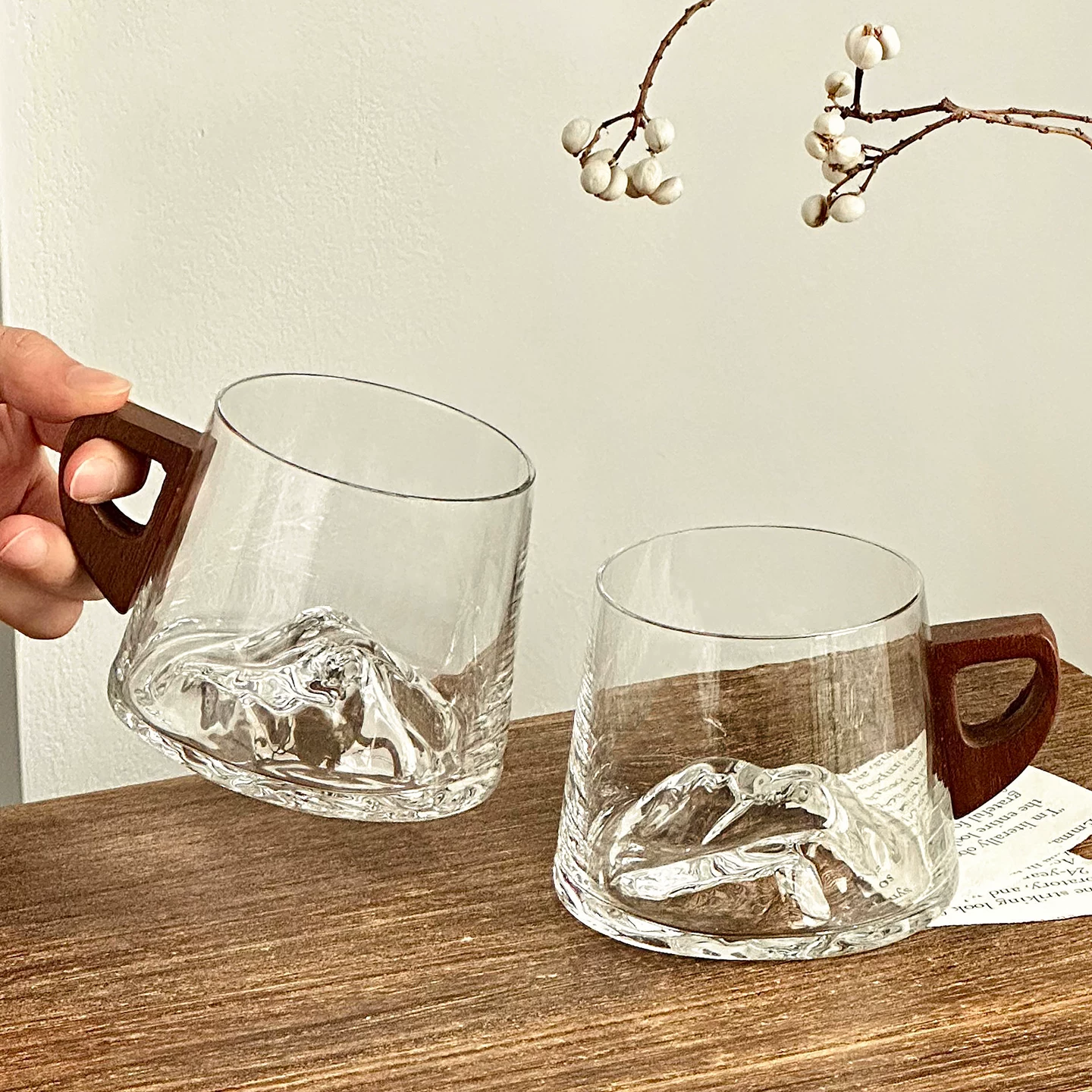Ly thủy tinh có tay cầm bằng gỗ phong cách Trung Hoa, dùng trong nhà, ly uống nước cho khách, ly trà, ly cà phê cao cấp