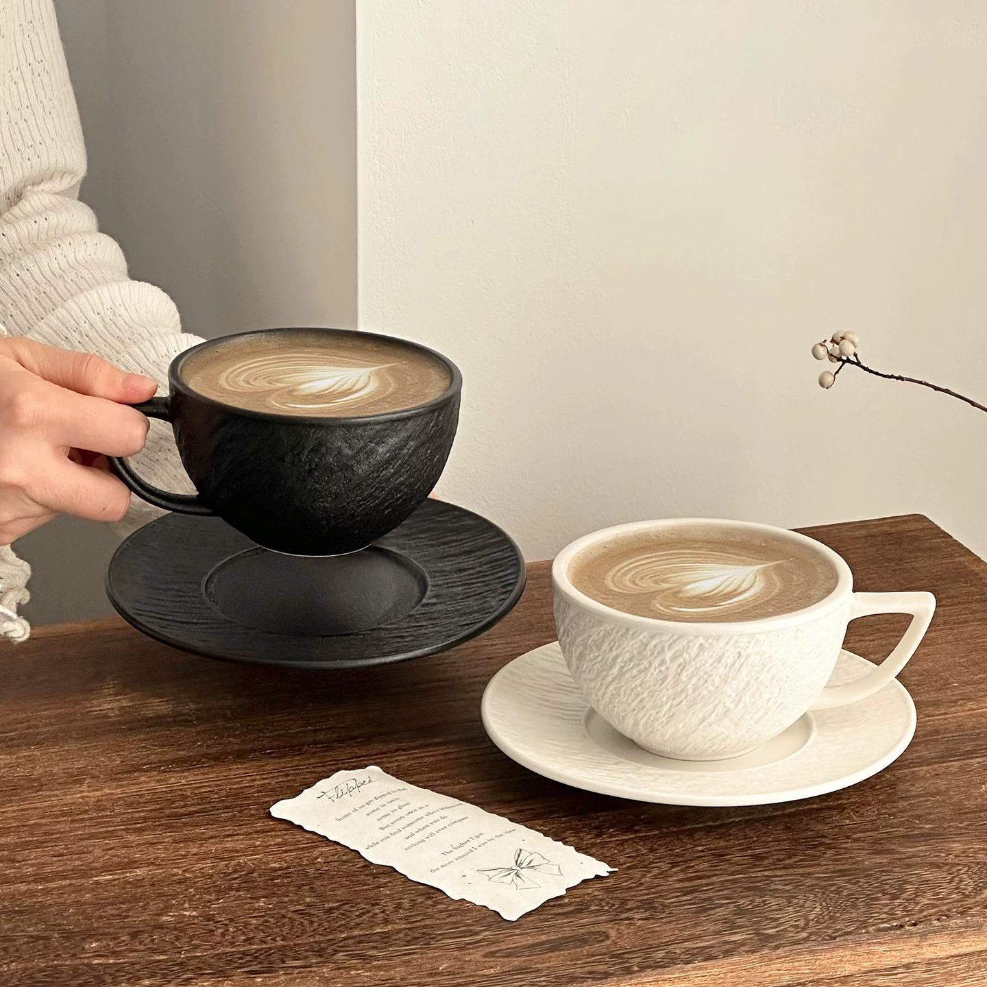 Tách cà phê và đĩa sứ kiểu Nhật cổ điển, họa tiết đá, cao cấp và tinh tế, dùng cá nhân, cốc nghệ thuật latte, bộ đồ ăn uống trà chiều