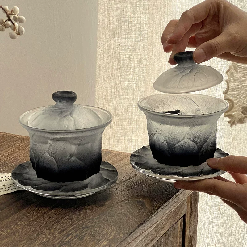 Bát thủy tinh đen mờ kiểu cổ điển có nắp, bộ ấm chén trà cao cấp dùng trong nhà, không nóng khi chạm vào, tách trà Kung Fu.