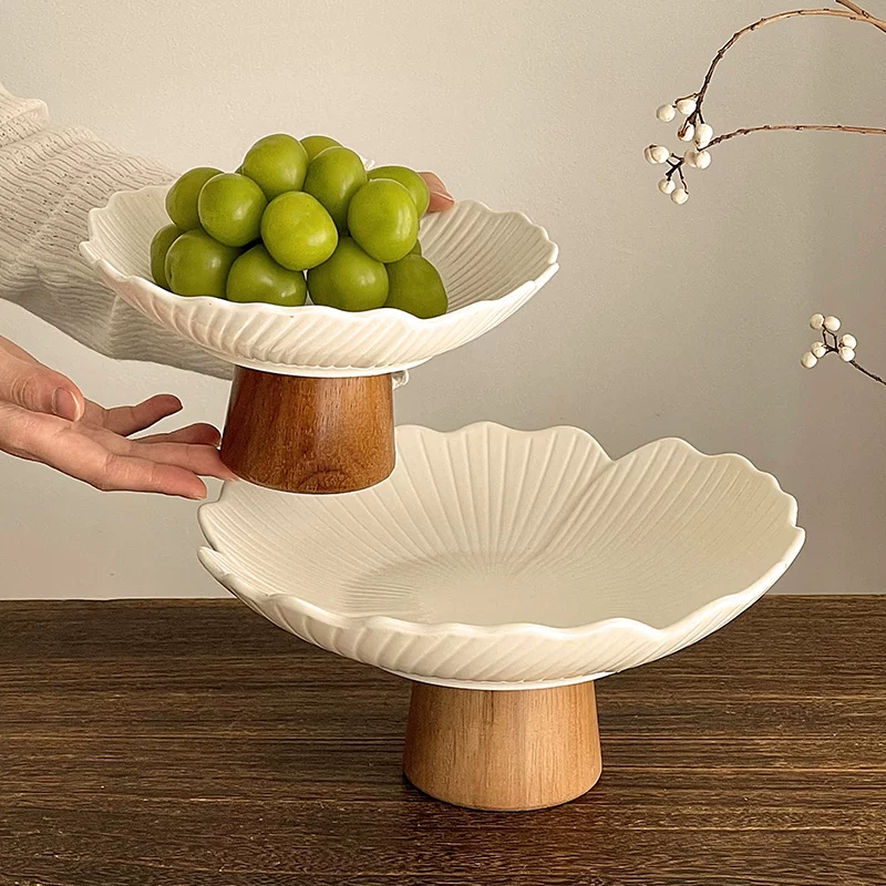Đĩa trái cây cao bằng gốm sứ sáng tạo với họa tiết hoa, đĩa đựng hoa quả khô dùng trong nhà, đĩa tráng miệng trên bàn cà phê phòng khách, đĩa đựng đồ ăn nhẹ.