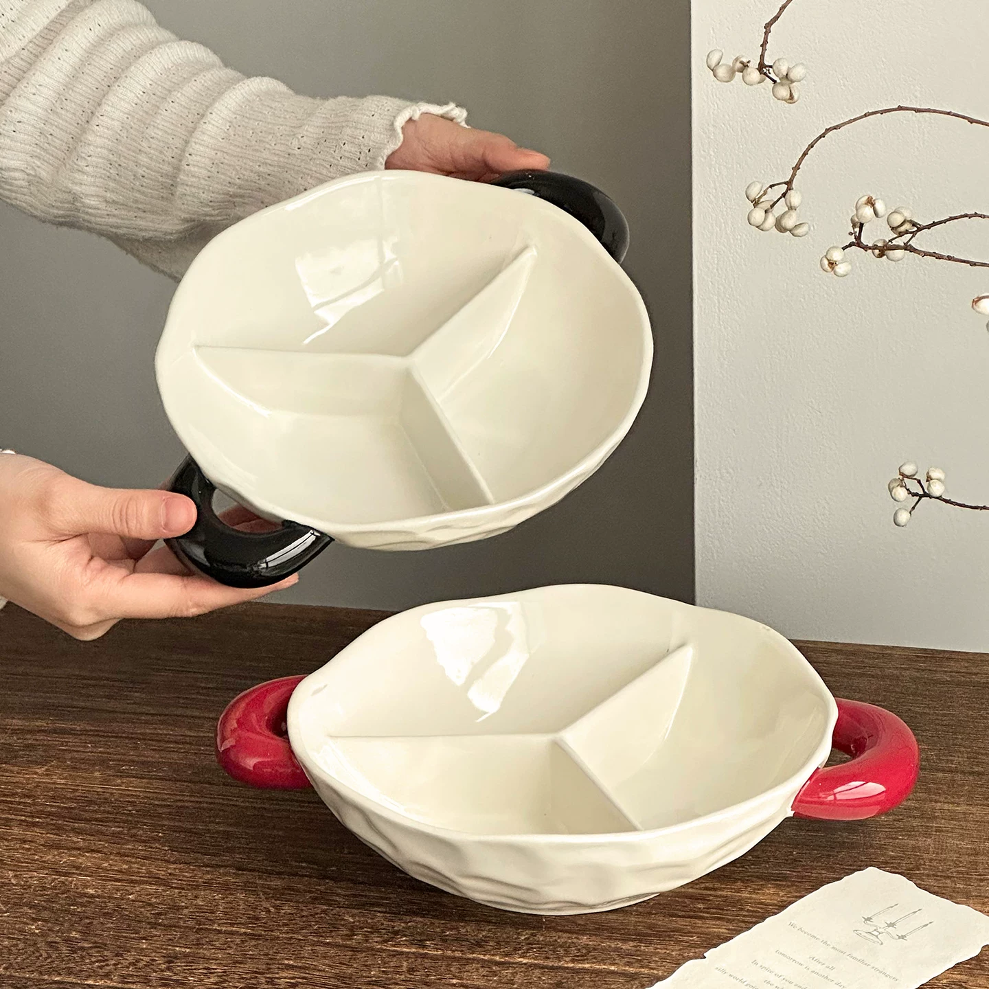 Đĩa chia ngăn bằng gốm sứ phối màu cao cấp, đĩa ăn sáng gia đình cao cấp, đĩa đựng gà rán và trái cây, đĩa ăn ít chất béo dùng một lần.