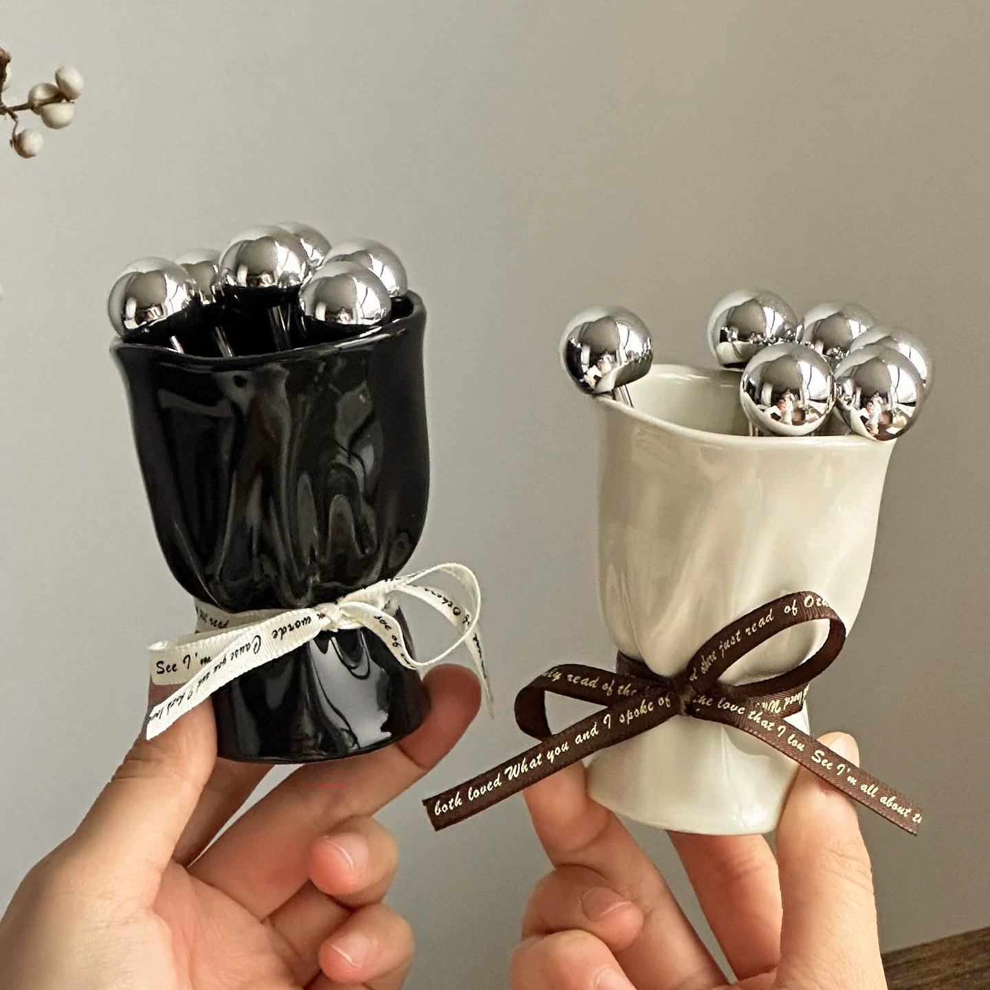Bộ lọ đựng thìa trái cây gốm sứ cao cấp, sang trọng, thìa tráng miệng dễ thương, xiên bánh dùng trong gia đình