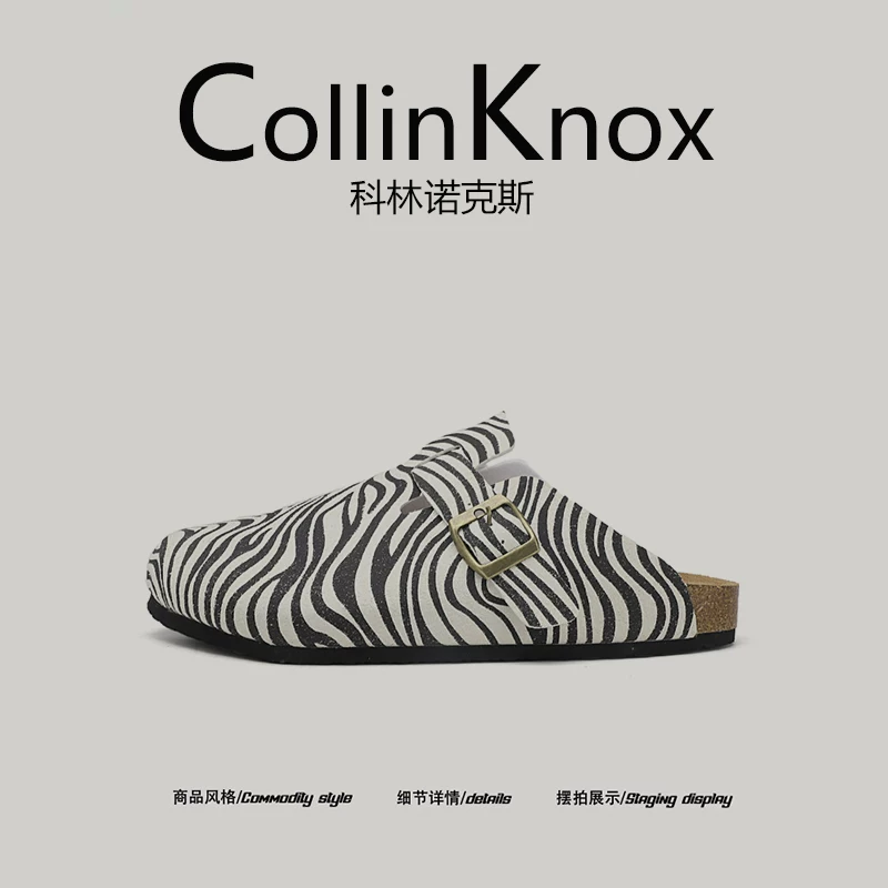 [Niche Design] Giày Birkenstock họa tiết ngựa vằn mùa hè mới của CollinKnox2025 dành cho nam và nữ, dép nửa gót kiểu mule